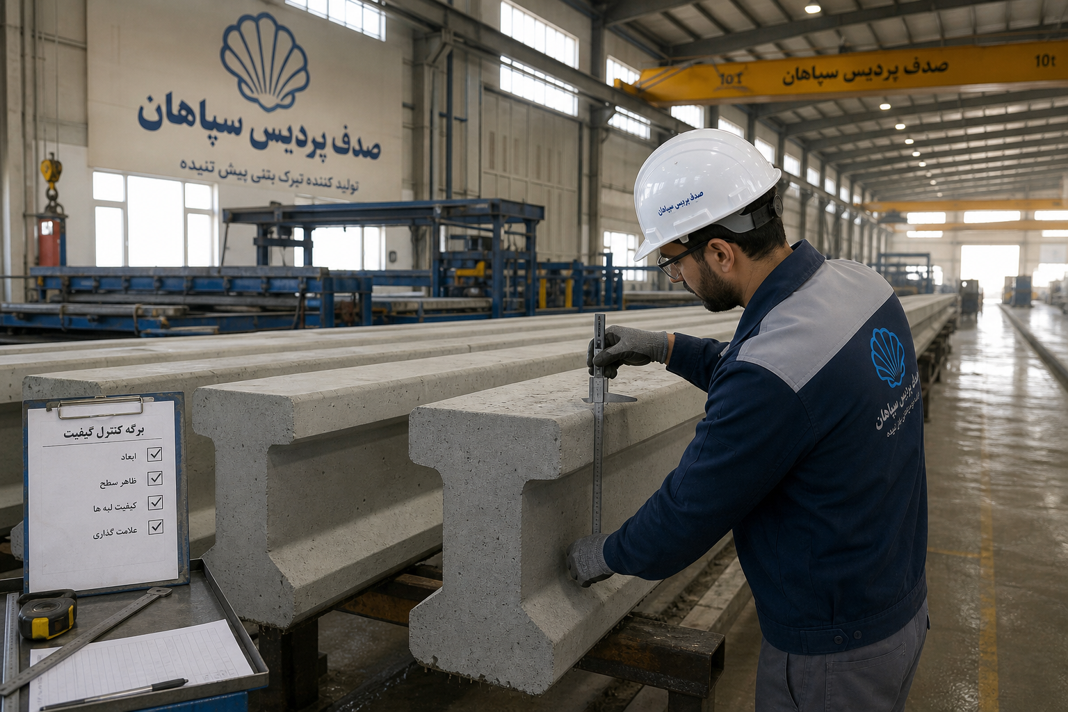 کنترل کیفیت قطعات پیش ساخته بتنی و تیرک مارکر در کارخانه صدف پردیس سپاهان