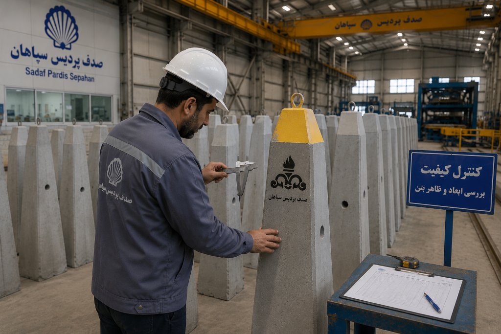 کنترل کیفیت قطعات پیش ساخته بتنی و تیرک مارکر در کارخانه صدف پردیس سپاهان