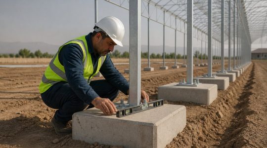 کنترل نصب و تراز پایه گلخانه بتنی پیش‌ساخته توسط مهندس