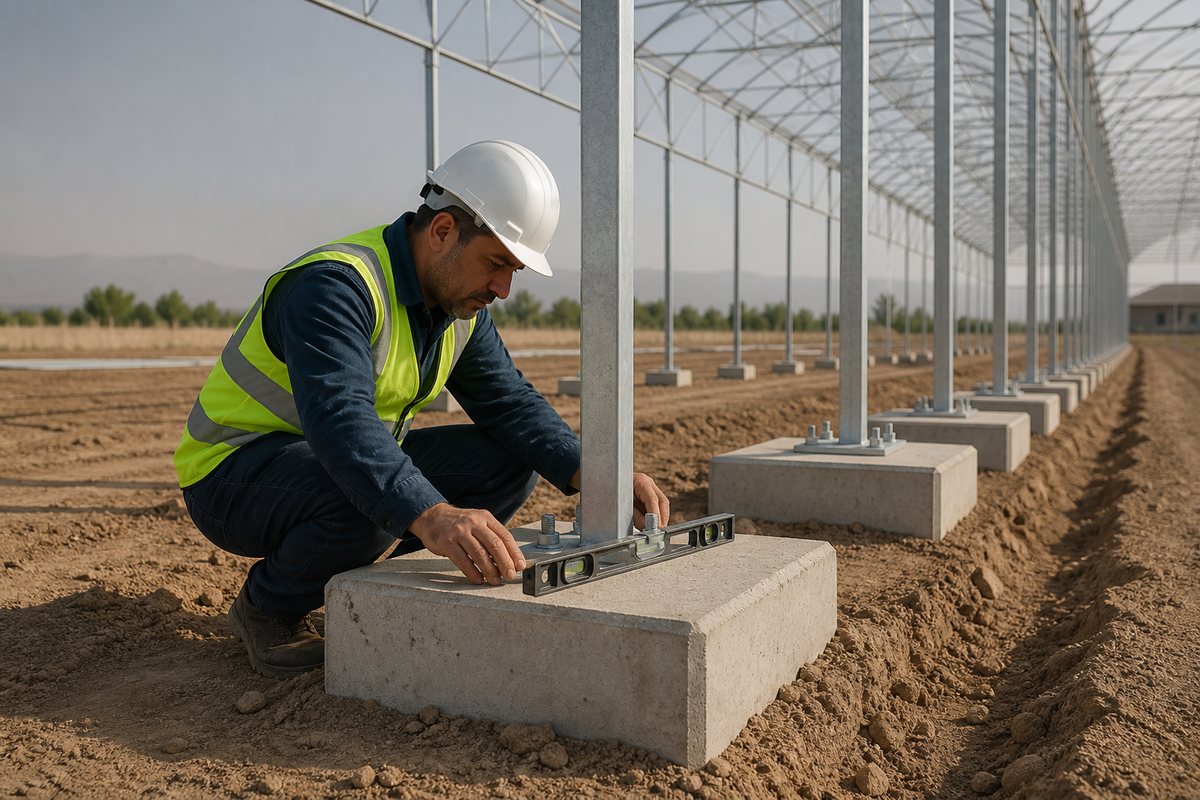 کنترل نصب و تراز پایه گلخانه بتنی پیش‌ساخته توسط مهندس